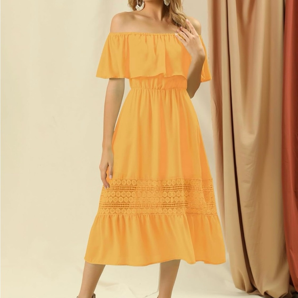 Beautiful deep yellow off shoulder midi ruffle dress with lace insert hem